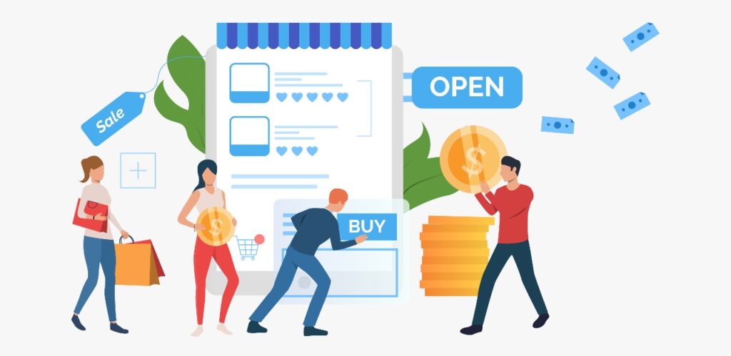 ilustração de pessoas construindo um e-commerce para vender mais