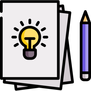 ícone que representa uma ideia com folhas lápis e uma lâmpada