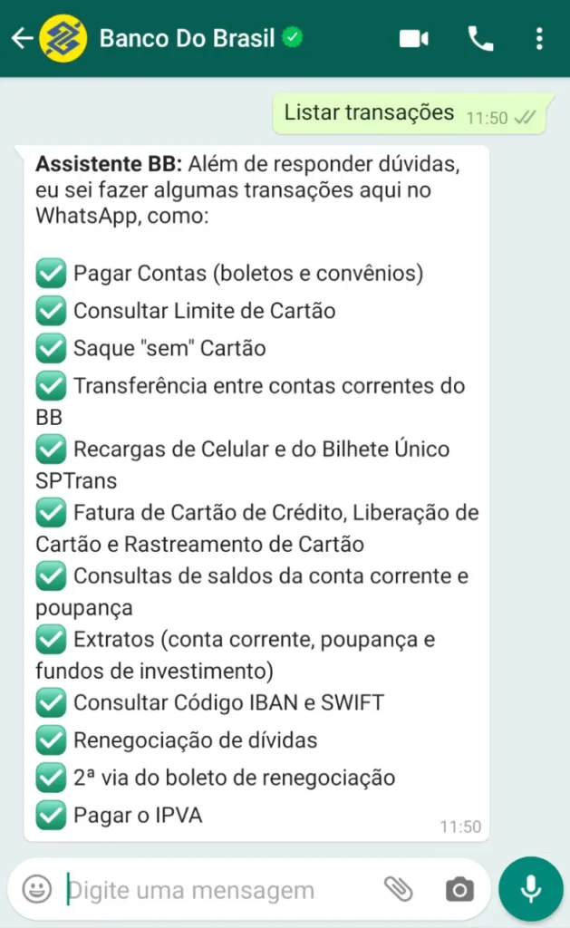 Prints de conversas com chatbot do Banco do Brasil