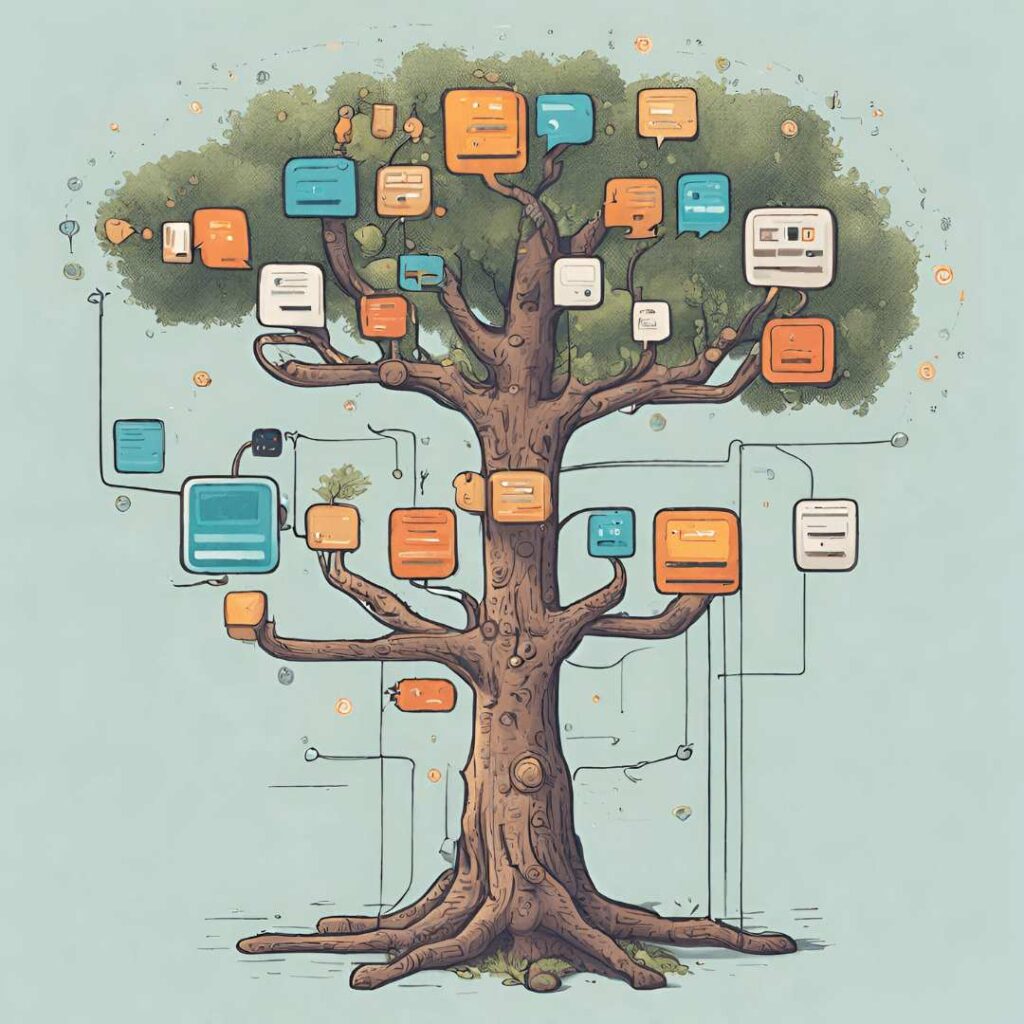 ilustração de uma árvore com várias janelas de chat sobrepostas um formato de fluxos de decisão