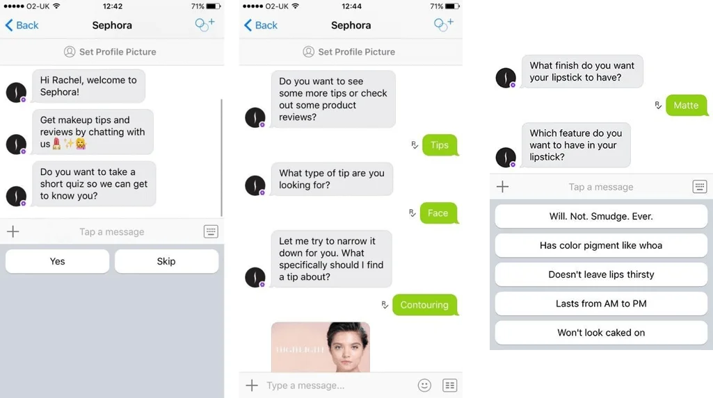 Prints de conversas com chatbot da Sephora