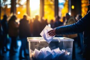 Homem deposita cédula em urna de votação, com multidão desfocada ao fundo e luz do pôr do sol iluminando o local.